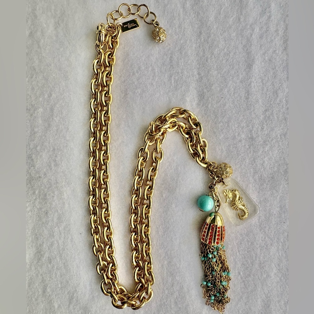 Lilly Pulitzer Seahorse Coastal Adjustable Gold -Tone Turquoise Tassel Necklace